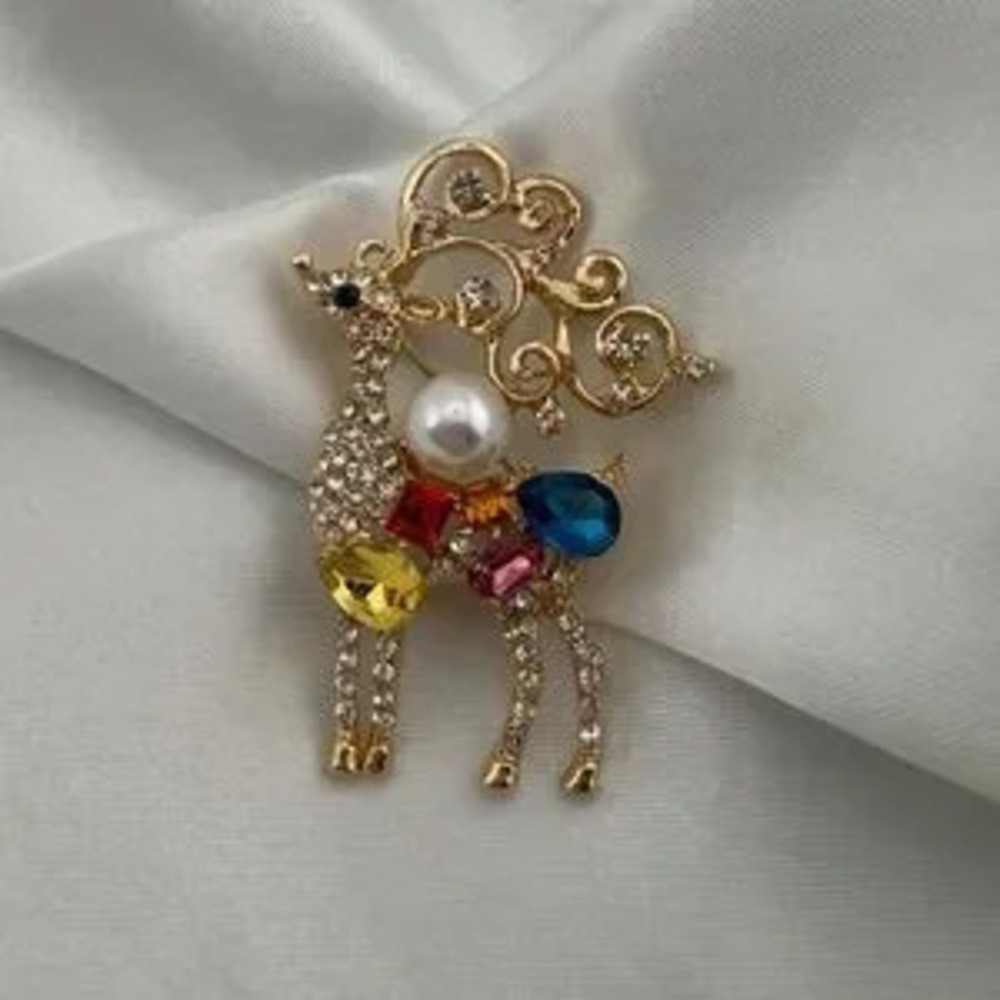 New! Betsey Johnson Elegant Gold Reindeer Brooch with Multicolor Gems
